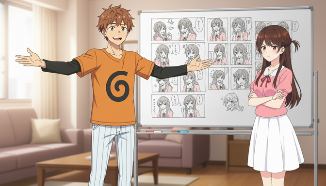 An anime character in an orange shirt presenting a whiteboard full of character expression sheets and storyboard panels to a skeptical female character with arms crossed — planning an anime series episode structure
