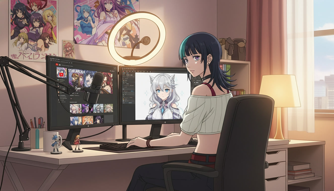 Anime content creator at a desk with dual monitors showing a YouTube channel page and an original silver-haired anime protagonist, microphone and ring light in frame