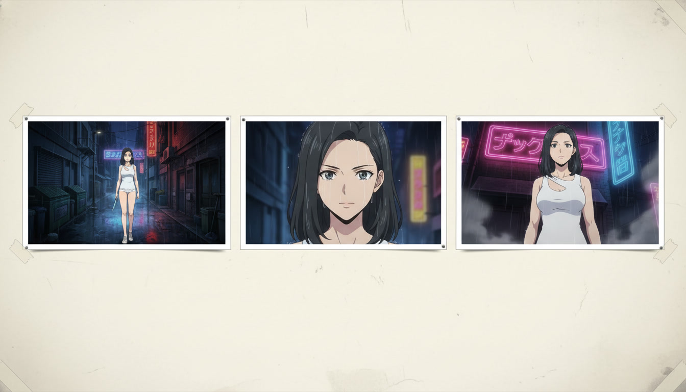 Three-panel anime layout showing the same silver-haired heroine in a rainy alley wide shot, a determined medium close-up, and a low-angle heroic pose under neon signs