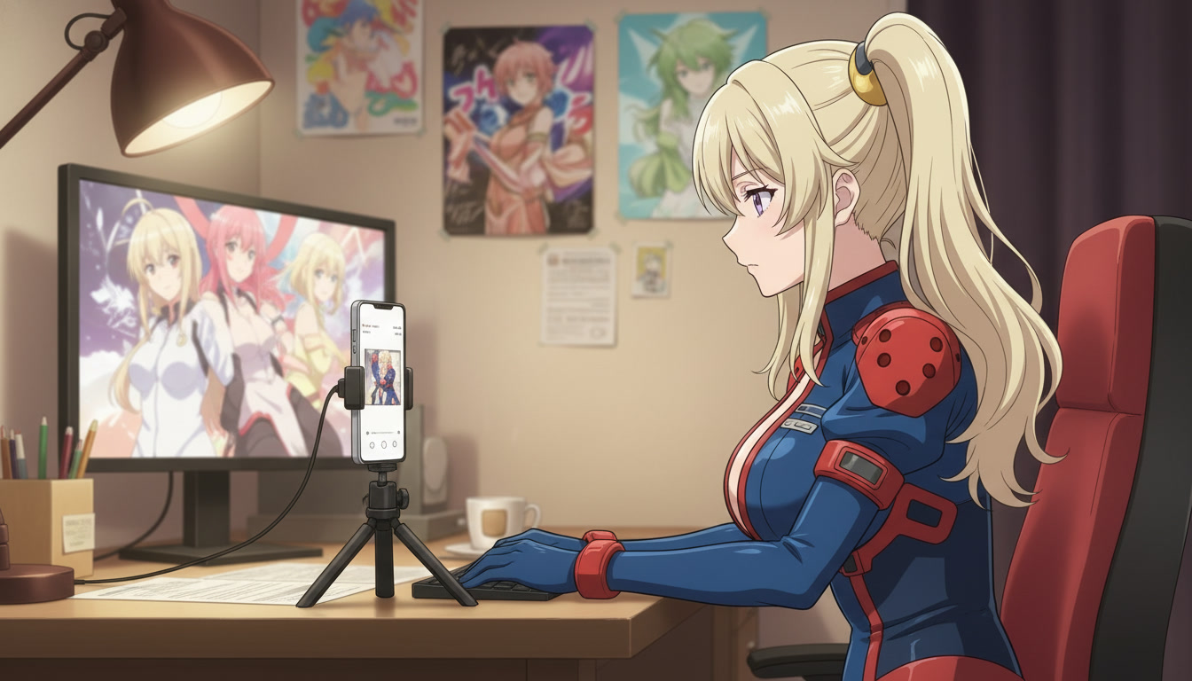 Anime creator filming a vertical YouTube Short on a smartphone tripod with ring light, posters on the wall, and a monitor showing an anime character in the background