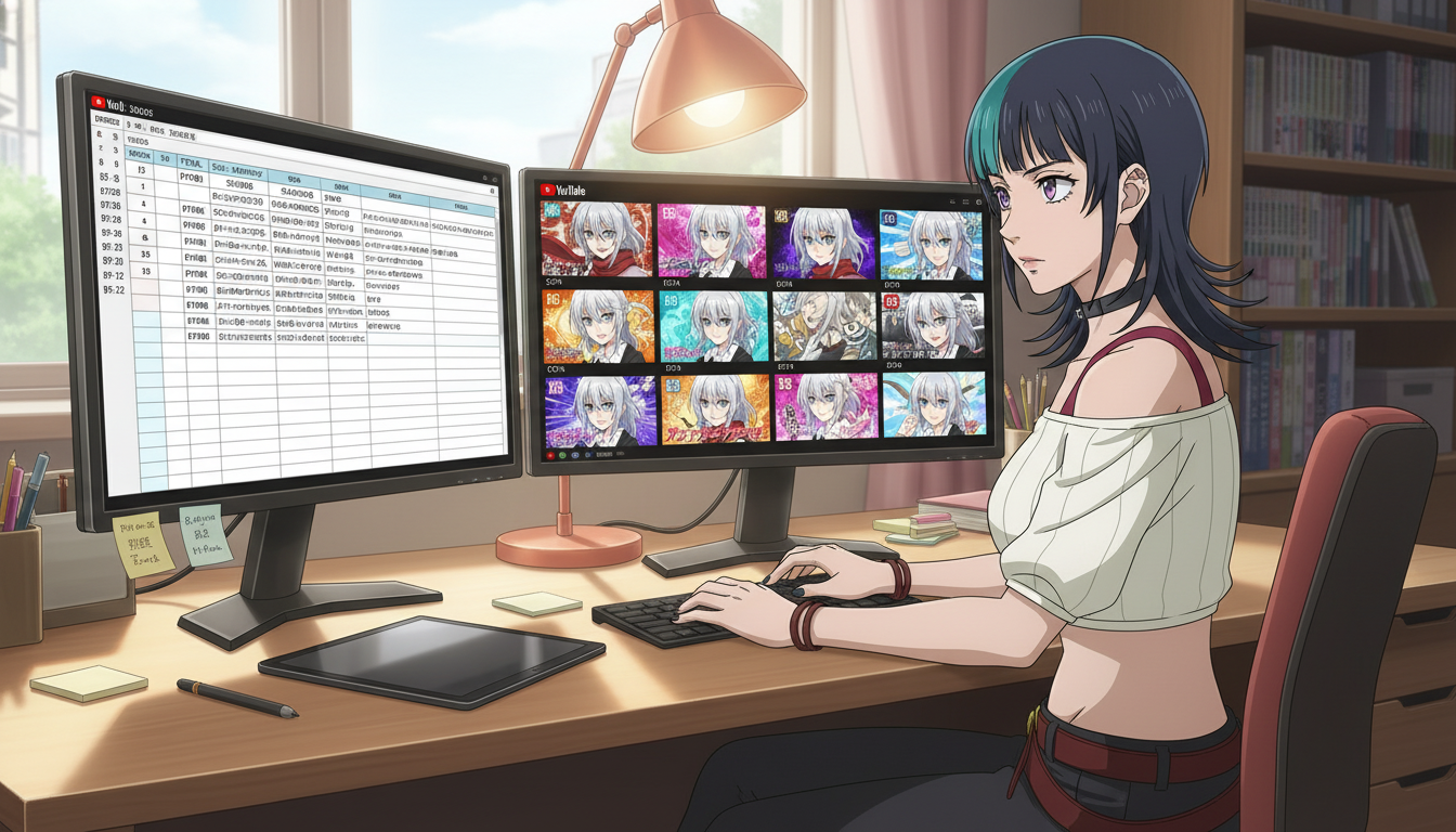 Anime video creator at a desk with dual monitors showing a twelve-episode production grid and matching YouTube thumbnails of the same silver-haired heroine