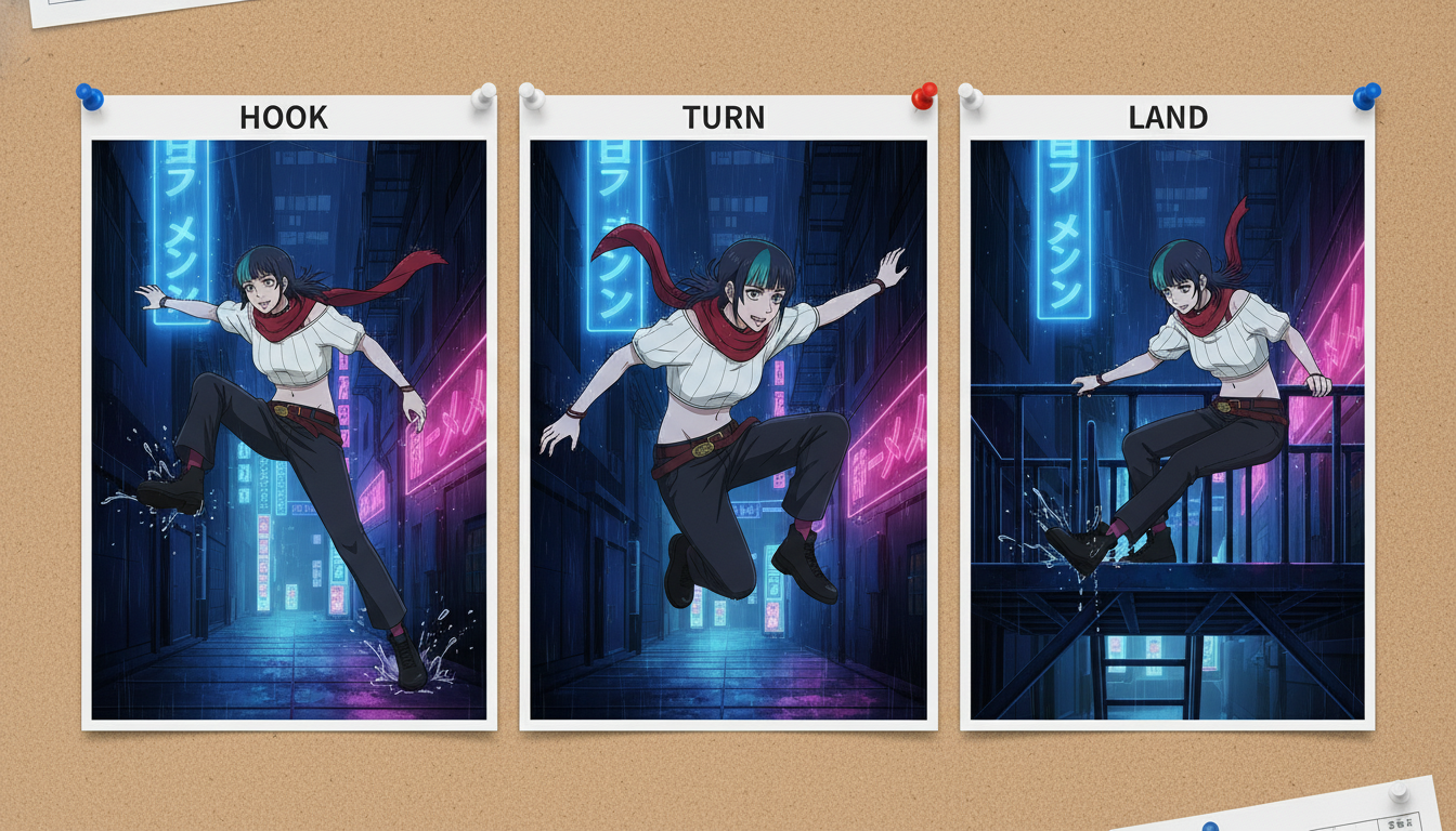 Three-panel anime storyboard labeled HOOK, TURN, and LAND showing the same silver-haired heroine in a neon rain alley sequence