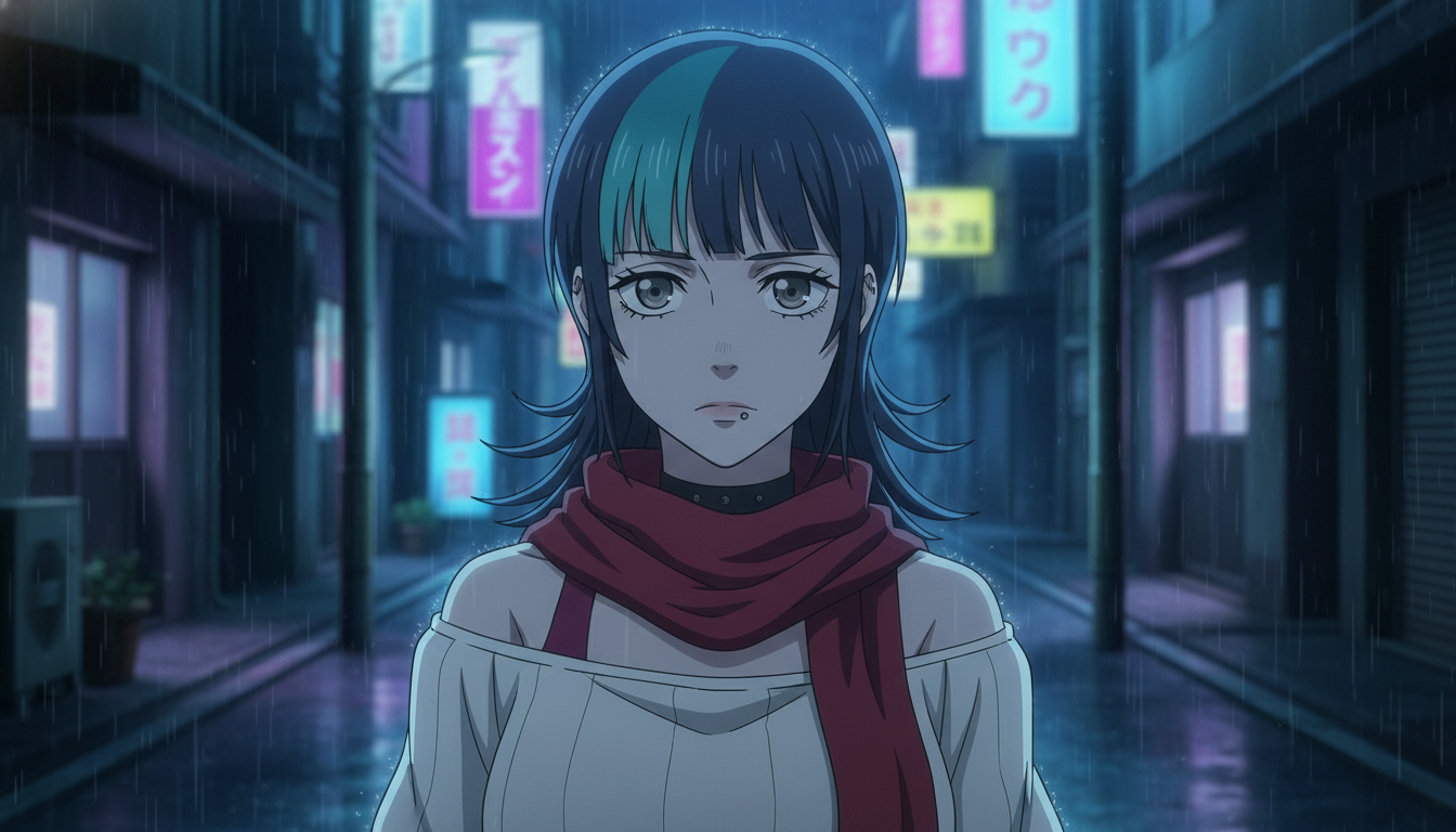 Silver-haired anime heroine with steel gray eyes and red scarf in a neon rain alley at night, dramatic medium close-up for an episode land beat