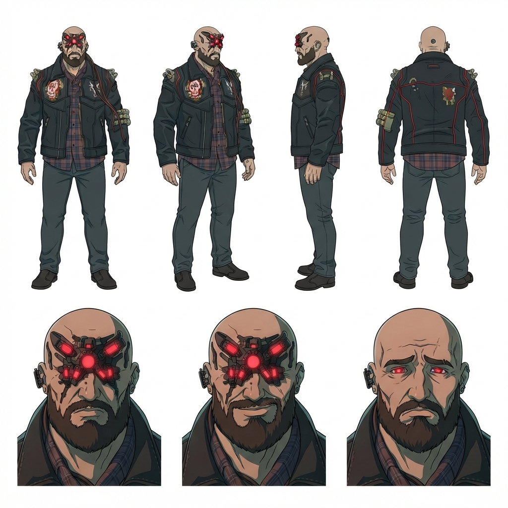 Cyberpunk gang leader character sheet with turnaround views and three facial expression close-ups