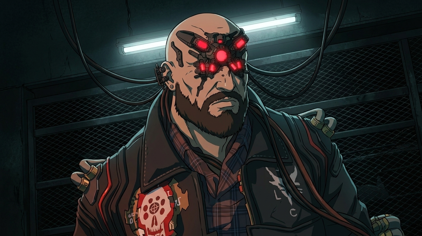 Same gang leader converted to anime with spider-like red optic array and leather jacket patches