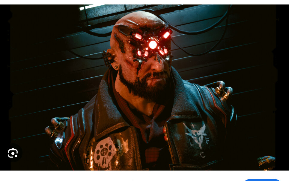 Original video game close-up of a Maelstrom gang leader with a multi-lens red cybernetic implant