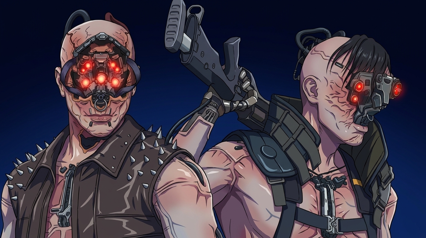 Same Maelstrom gang members converted to anime with glowing red cybernetic eyes