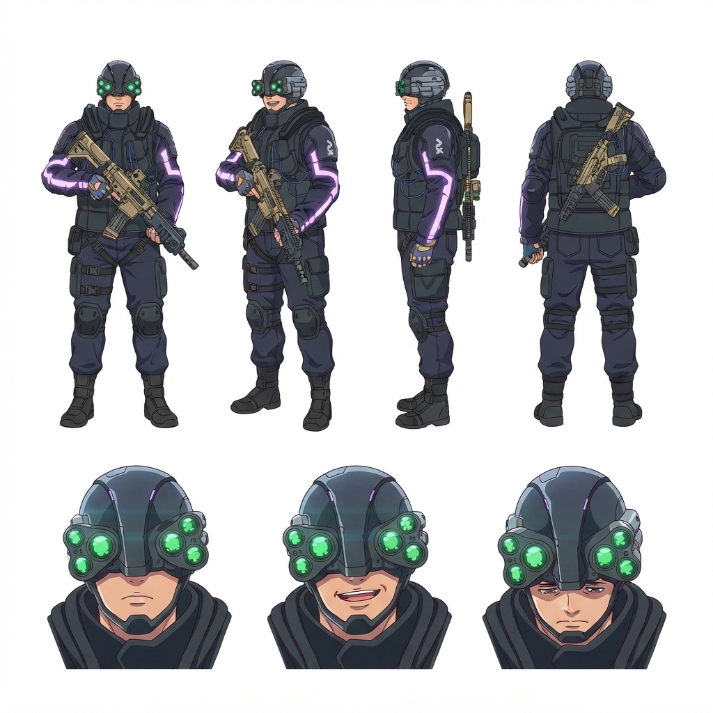 MaxTac officer character sheet with full-body turnaround views and three helmet expression close-ups