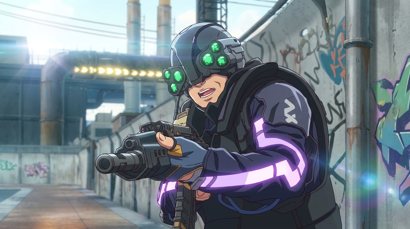 Same MaxTac officer converted to anime style with glowing green optics and purple neon accents