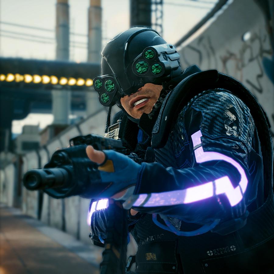 Original video game screenshot of a MaxTac officer in tactical gear aiming a submachine gun