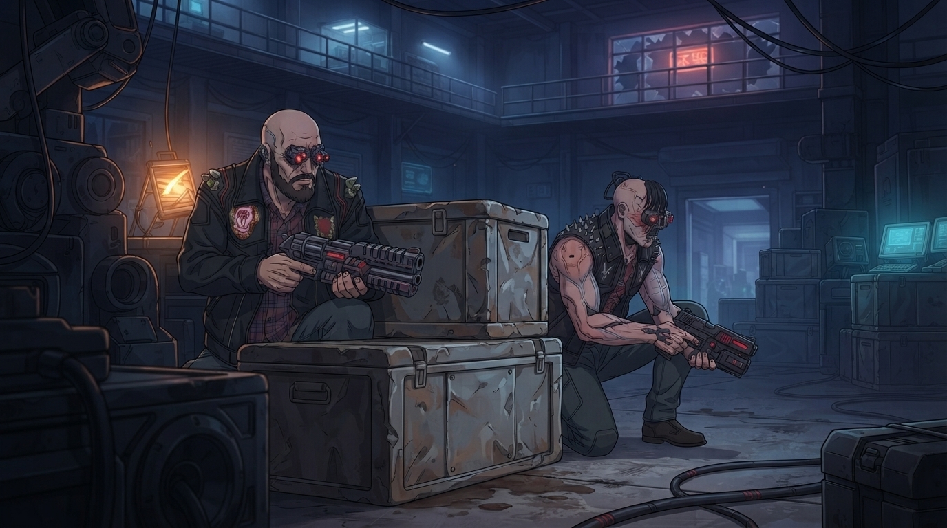 Anime warehouse shootout scene with two Maelstrom gang members taking cover behind crates