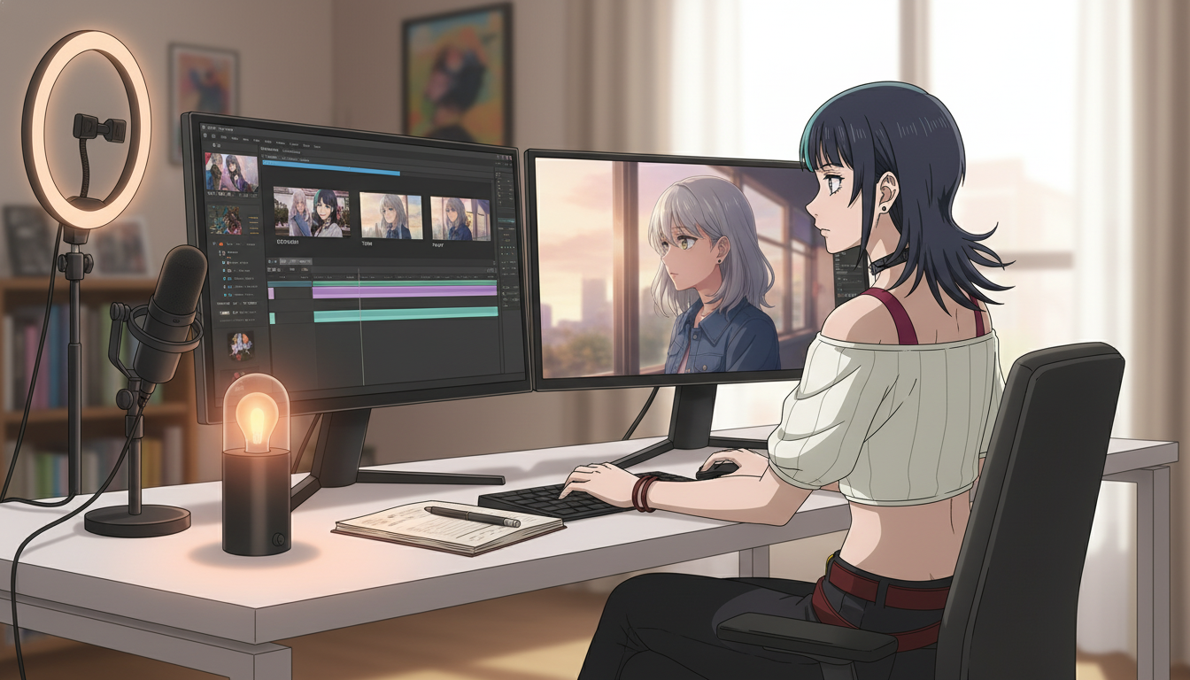 Anime video creator at a desk with dual monitors showing an NLE timeline with three labeled clips for establish, turn, and payoff beats beside a silver-haired heroine preview frame