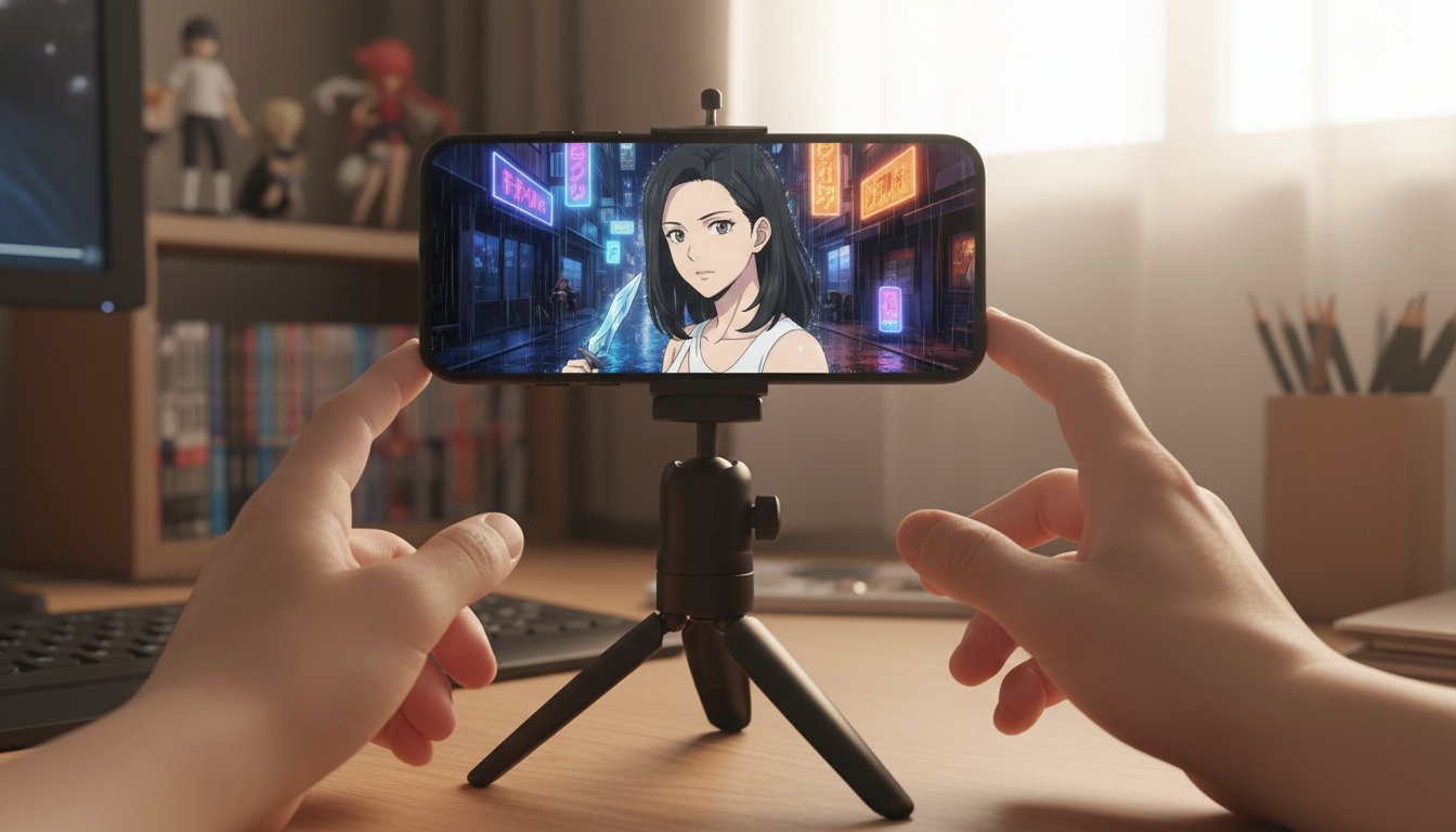 Vertical smartphone on a tripod filming an anime Short preview with three panels showing rainy neon alley wide shot, heroine medium turn, and low-angle payoff pose