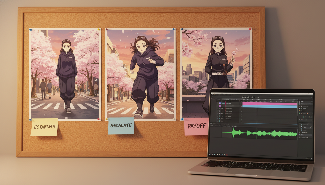 Cork board with three anime storyboard panels beside a laptop showing an NLE timeline with waveform audio and sticky notes labeled establish, escalate, and payoff