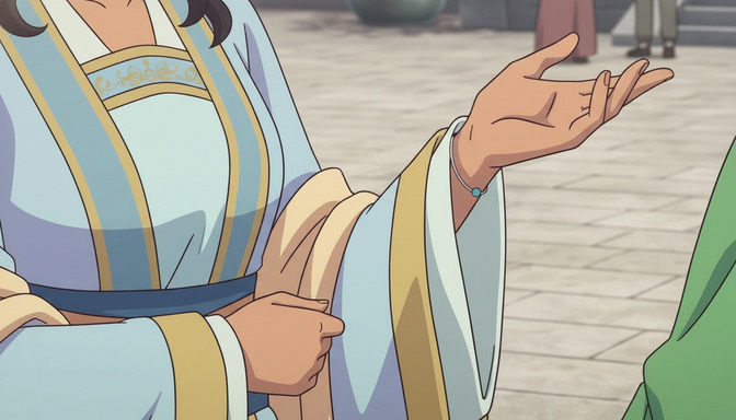 Extreme close-up of an anime character's outstretched hand in flowing light blue and gold robes, fingers open in a speaking gesture, courtyard visible softly behind