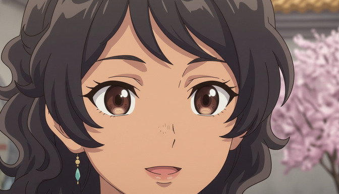 Extreme close-up of an anime girl's face with large brown eyes, curly dark hair, teal and gold earrings, and soft pink lipstick, cherry blossoms visible out of focus behind her