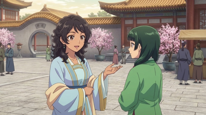 Wide shot of two anime characters in conversation in a traditional Chinese-style courtyard, one in light blue robes gesturing with an open hand to the other in green, cherry blossom trees and palace gates in the background