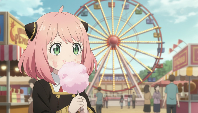 A pink-haired anime girl in a black school uniform eating cotton candy at a summer carnival, a ferris wheel glowing behind her