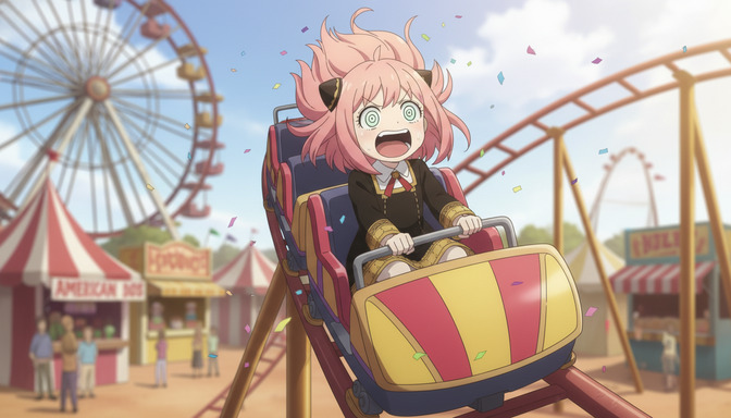 A pink-haired anime girl screaming and gripping the safety bar of a rollercoaster mid-drop at a carnival, the ferris wheel and colorful tents visible in the background