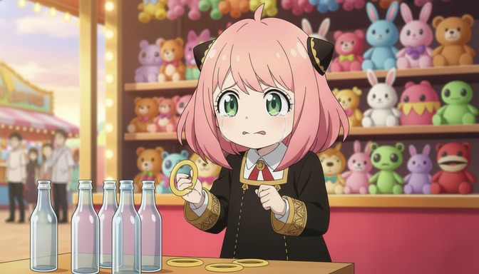 A pink-haired anime girl concentrating intensely as she prepares to toss a ring at a carnival game, stuffed animals visible on the shelves behind her