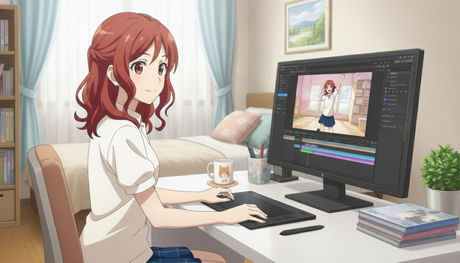 Anime creator at a professional editing workstation, building an anime episode using AI tools on a large monitor