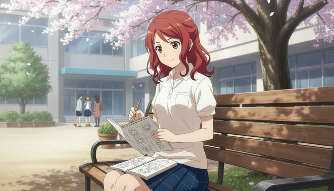 Anime creator sketching original character designs in a notebook while sitting outdoors under cherry blossom trees