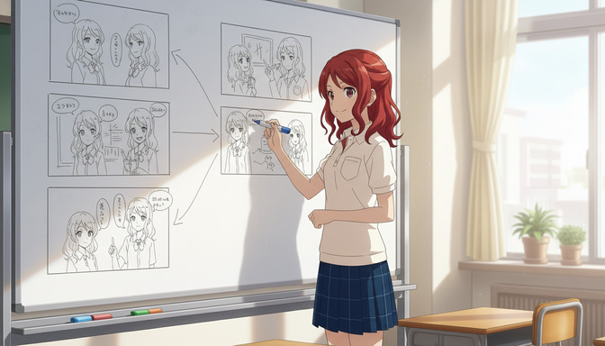 Anime creator standing at a whiteboard covered in storyboard panels, mapping out character interactions and scene transitions for an anime episode