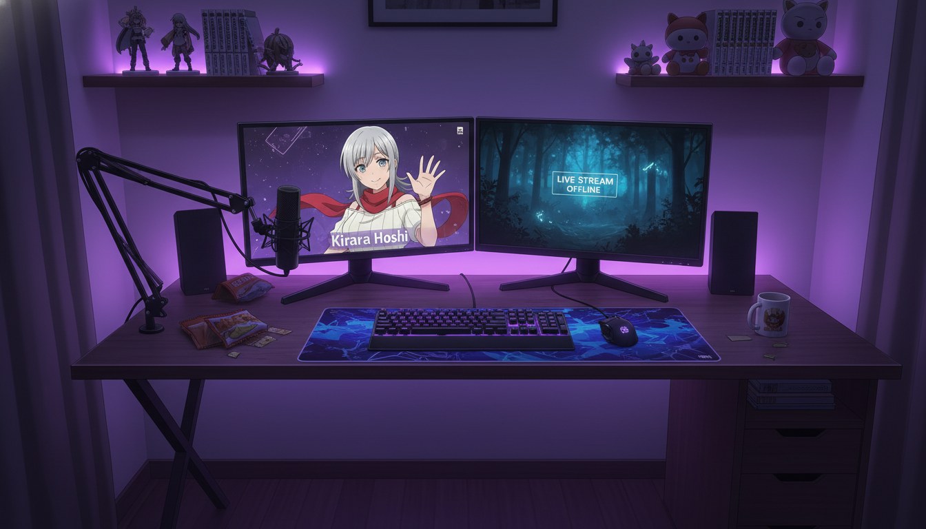 Anime VTuber avatar on a streaming monitor beside a content creator desk with microphone and dual monitors