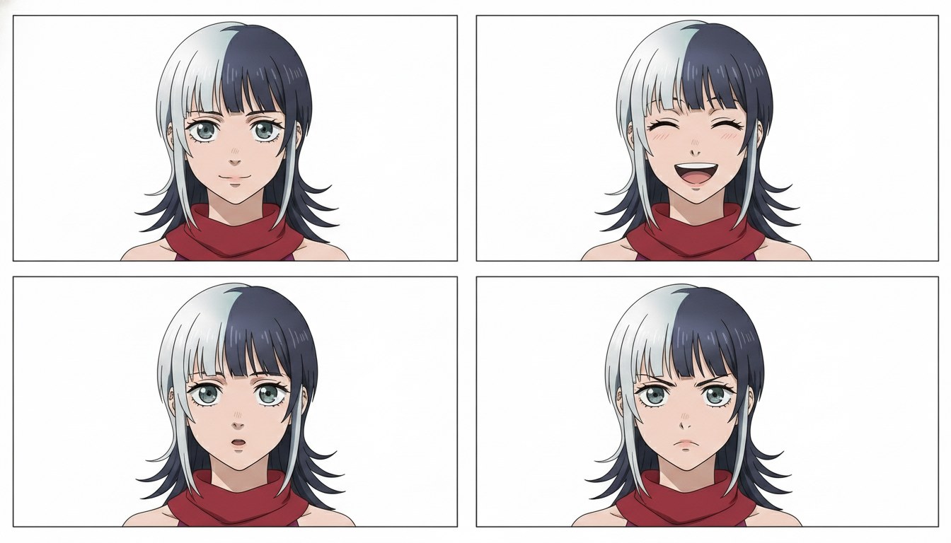 Four-panel VTuber expression sheet showing the same anime avatar neutral, happy, surprised, and focused expressions