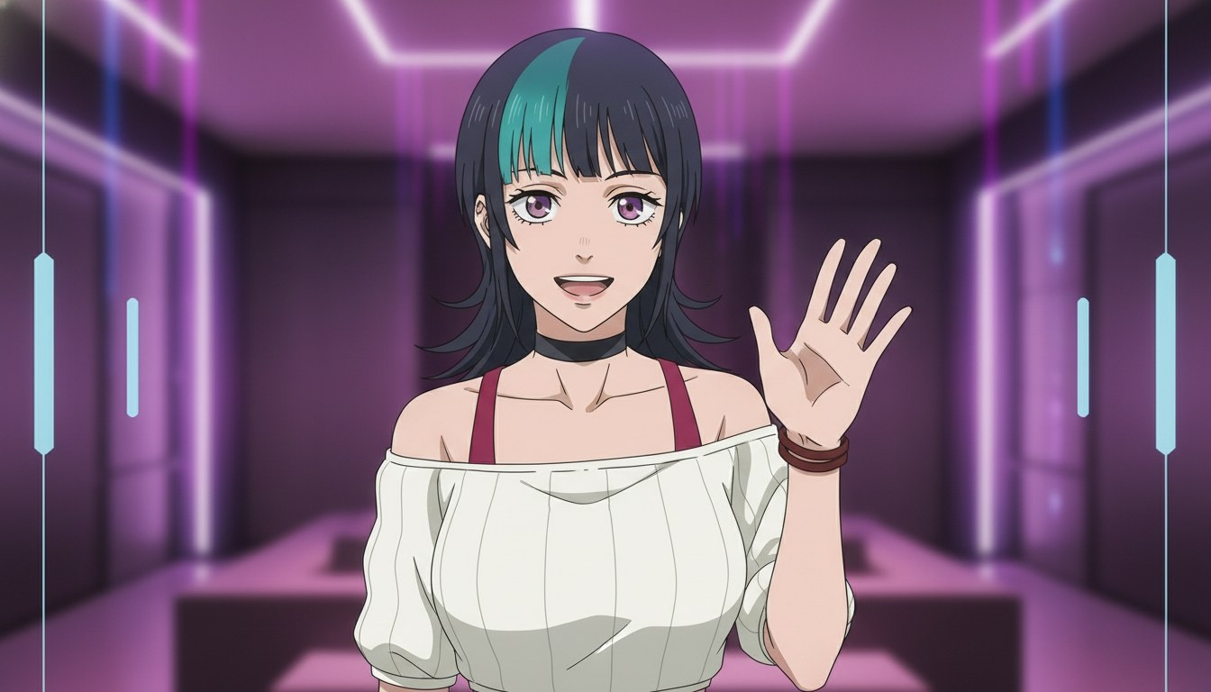 Anime VTuber avatar waving on a Starting Soon screen with chat overlay and soft purple streaming lights