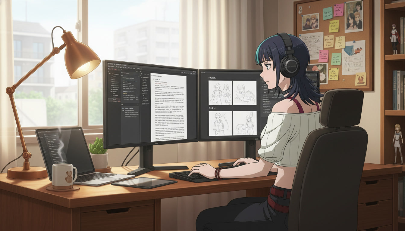 Anime video creator at a desk with dual monitors showing a formatted screenplay beside storyboard panels labeled hook, turn, and land