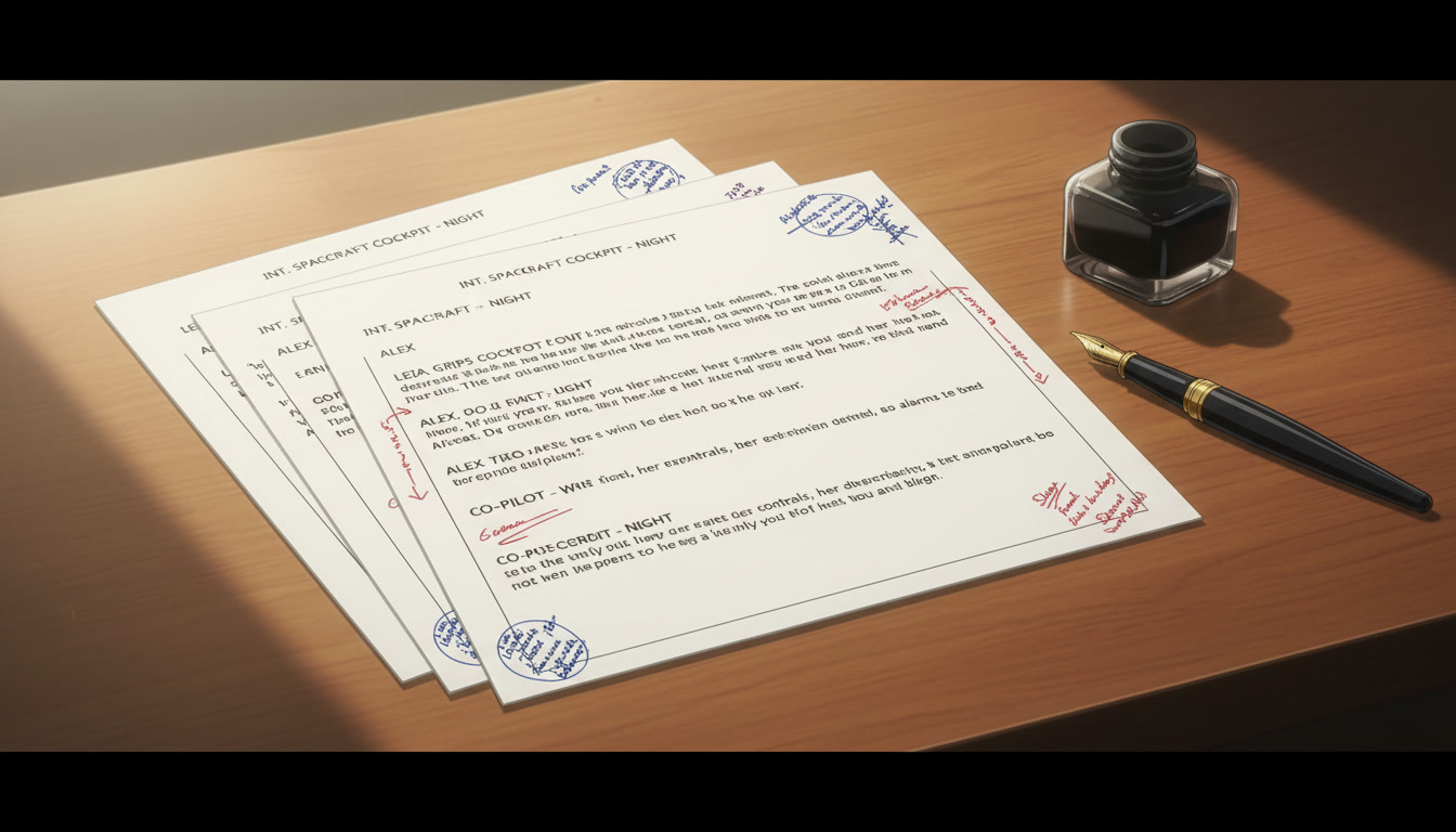 Formatted anime screenplay pages on a desk with scene headings, character names in caps, and action lines beside a fountain pen