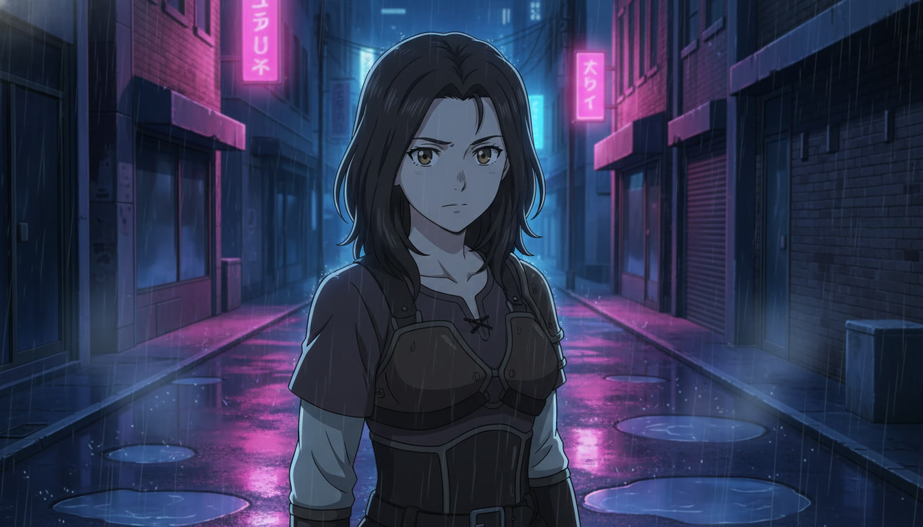 Anime heroine in a rain-soaked neon alley at night, medium shot with cool blue lighting matching a screenplay action beat