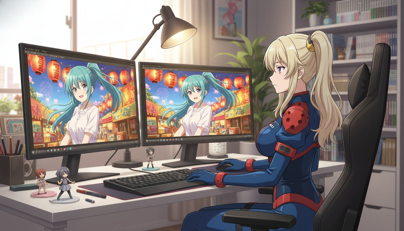 Anime video creator at a dual-monitor desk with a still storyboard frame on one screen and the same scene playing as motion on the other