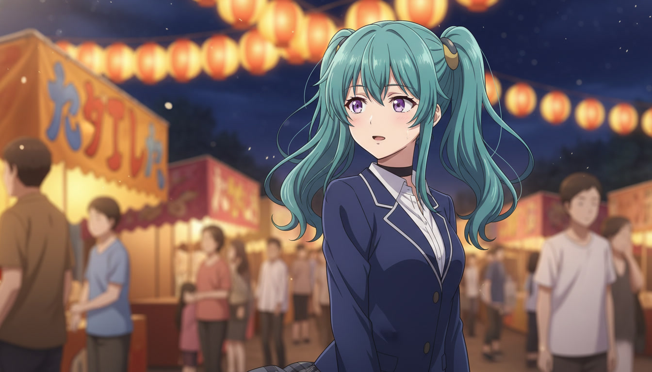 Teal-haired anime heroine in a navy blazer at a summer festival with golden lanterns and warm amber light, hair lifting in a gentle breeze