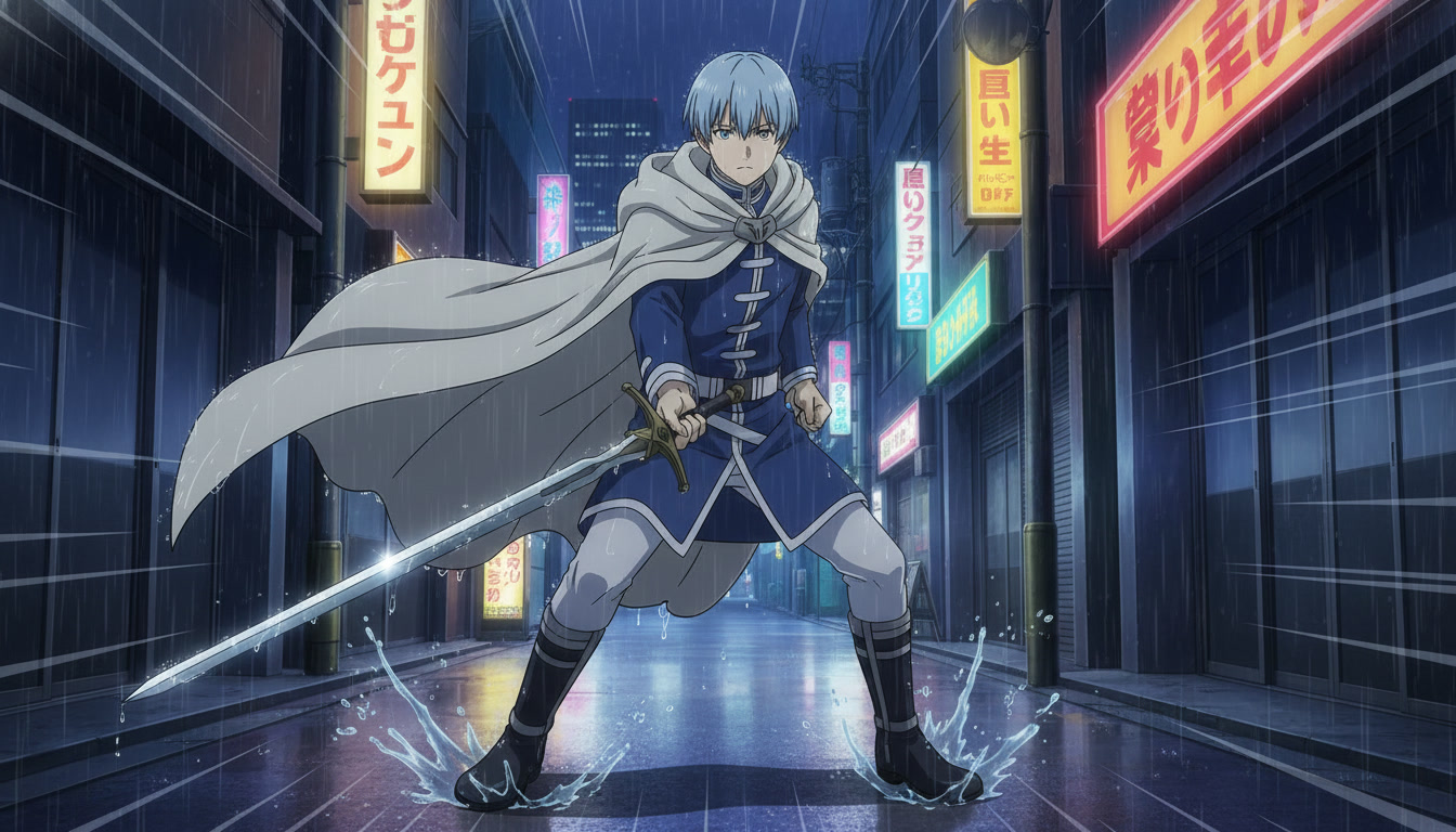 Silver-haired anime swordsman in a rain-soaked alley with motion blur lines and cool blue grade, mid-action still ready for animation