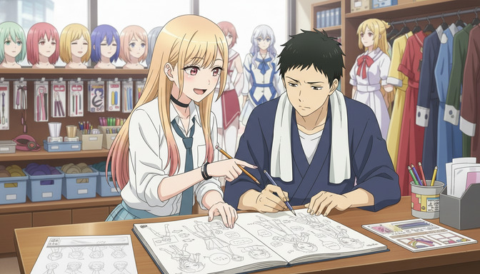 Two anime students working together at a desk with an open character sketchbook, pencils, and reference materials in a creative studio setting