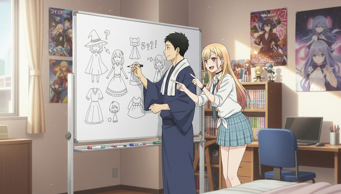 Two anime students at a whiteboard covered in character sketches and design notes, one writing with a marker while the other points at different character designs