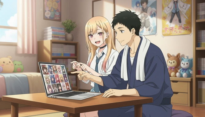 Two anime students sitting at a low table with a laptop, both pointing at a screen showing a grid of anime character images in a cozy bedroom studio