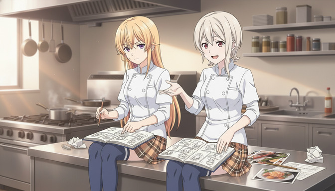 Two anime girls in white chef uniforms sitting on a kitchen counter, one sketching character designs in a notebook while the other points to printed reference photos spread across the counter