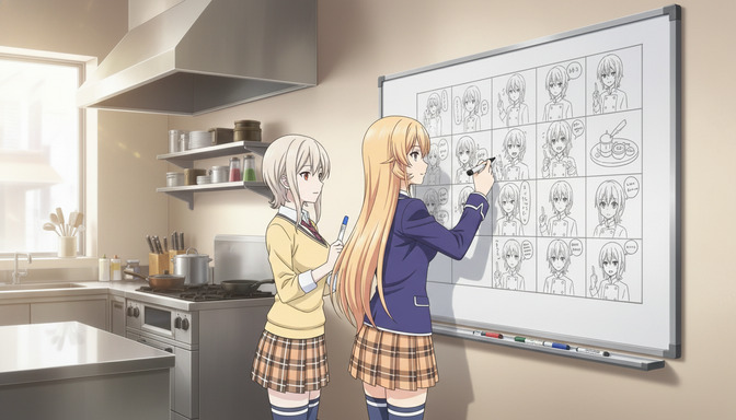 Two anime girls standing in front of a whiteboard covered in character expression sheets showing various facial expressions and poses, one pointing at the board with a marker