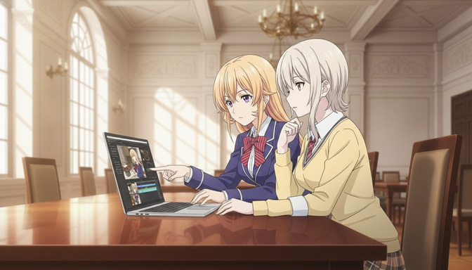 Two anime girls in school uniforms sitting at a wooden table in a grand hall with tall windows, one pointing at a laptop screen showing anime character designs in progress