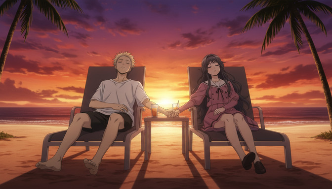 Two anime characters holding hands on lounge chairs at a tropical beach, golden-orange sunset sky behind them with dramatic clouds and palm trees silhouetted at the edges