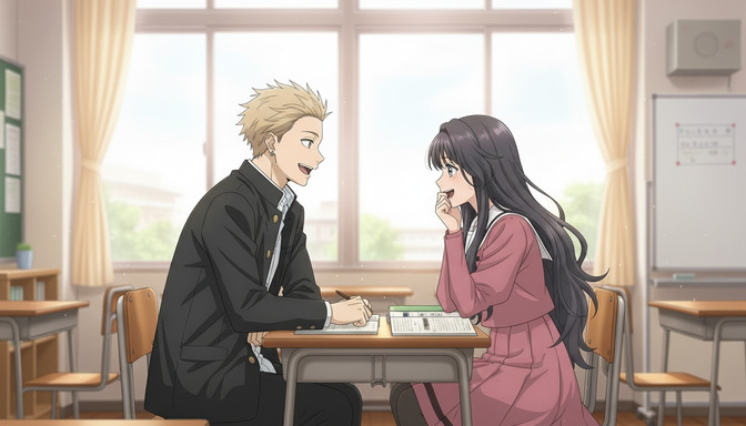 Two anime characters leaning across a school desk together, laughing, warm natural classroom light coming through large windows behind them