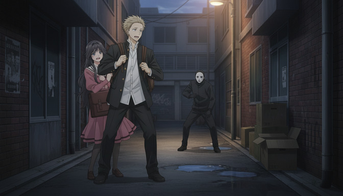 Two anime characters being stalked down a wet nighttime alley by a masked figure, the scene lit by a single distant streetlamp, shadows deep and threatening