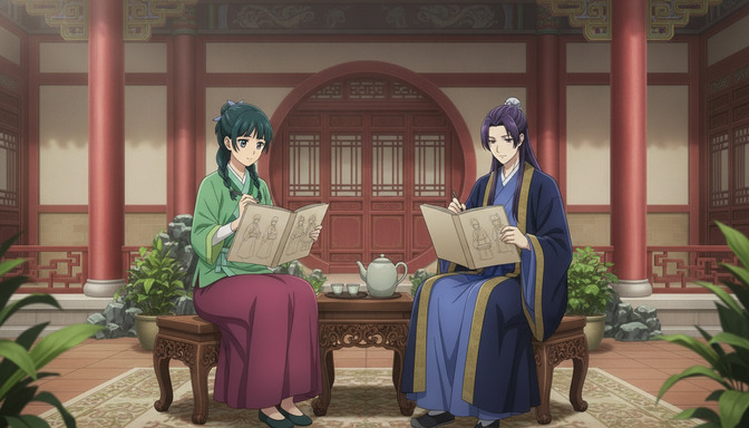 Two anime characters in traditional Chinese robes sitting across from each other at an ornate wooden table, each reviewing manga character sketches in open books