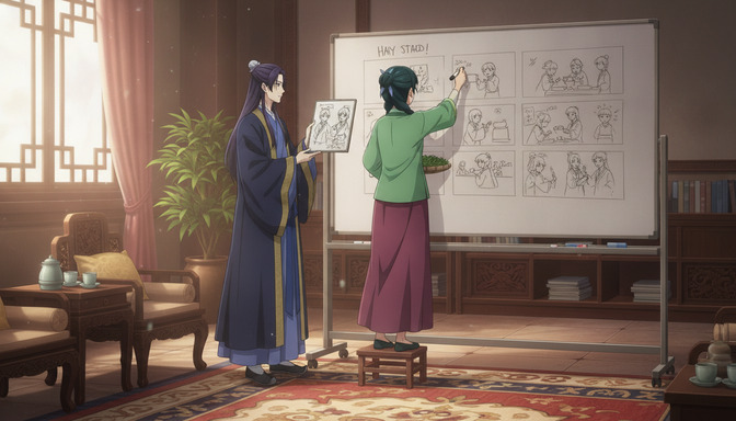 An anime character in a green hanfu standing at a whiteboard covered in storyboard panels, writing scene descriptions with a marker while another character looks on holding a reference sketch
