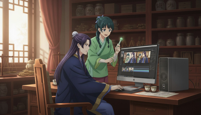 Two anime characters in a study room, one seated at a computer working on anime video editing software while the other stands beside them pointing at the screen with encouragement