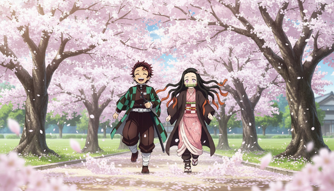 Two anime characters running joyfully through a cherry blossom tunnel, pale pink petals falling all around them and carpeting the path below
