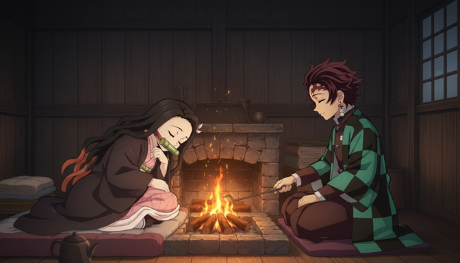 Two anime characters sitting by a stone fireplace together, the fire casting warm flickering light across the dim room, sparks and embers visible in the flames